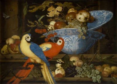 果物のある静物と 2 つのオウム 作： Balthasar van der Ast