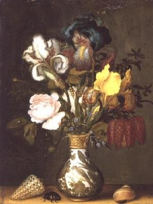 アイリス、バラなどの花を貝殻付きの磁器製花瓶に入れたもの 作： Balthasar van der Ast