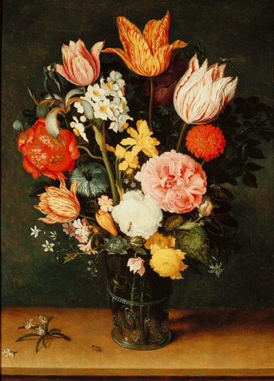 ガラスの花瓶のチューリップ、バラ、その他の花 作： Balthasar van der Ast