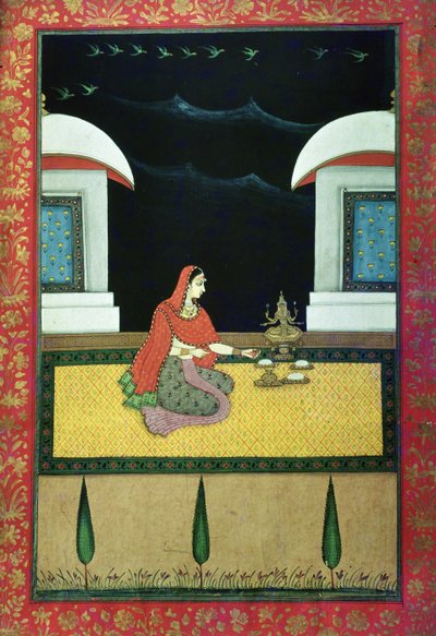 敷物に着席した女性、1750年（紙にガッシュ） 作： Bangazi Ragini