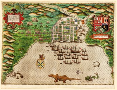 ドミンゴ、ドレイクスウエストインディアンヴォヤージュ1585-86、パブ。 1589（手描きの彫刻） 作： Baptista Boazio