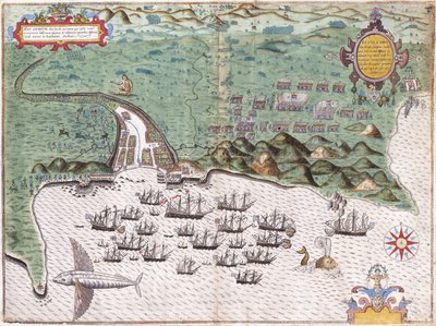 1585年11月17日、フランシスドレークのスペイン砦への攻撃を示す、カーボベルデ諸島のサンティアゴのビュープラン、1588-9年 作： Baptista Boazio
