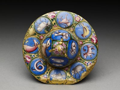 19世紀初頭、占星術の装飾が施された蓋付きのボウル、ソーサー、スプーン 作： Baqir