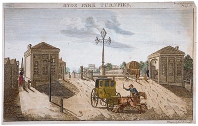 ハイド パーク コーナー ターンパイク、ウェストミンスター、ロンドン、1792 年の眺め。 作： Barak Longmate Jr
