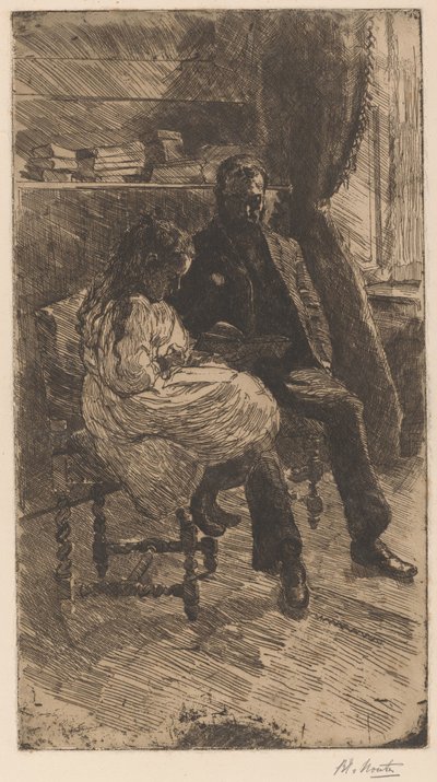 男と一緒に本を読んでいる女の子とインテリア 作： Barbara Elisabeth van Houten (signed by artist)