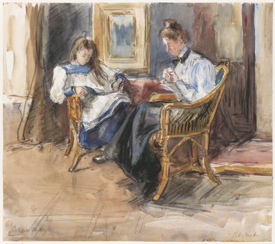デン・ハーグのRiouwstraat 6の家で、枝編み細工の椅子に座っている手仕事の女性と読書の女の子 作： Barbara Elisabeth van Houten