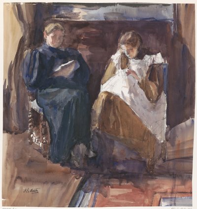 ハーグのリオウ通り 6 番地の家で、正面から見た読書婦人と刺しゅうをしている少女 作： Barbara Elisabeth van Houten
