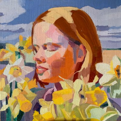 ひまわりの夢を見て」2020年、リネンキャンバスに油彩。 作： Barbara Hoogeweegen