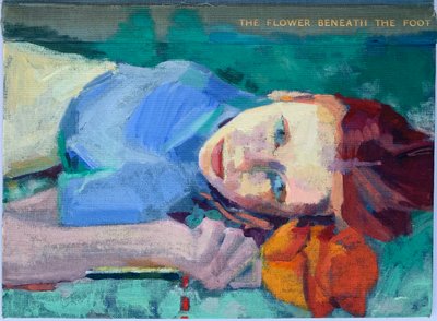 足の下の花、2022年（アンティークリネンブックカバーに油彩） 作： Barbara Hoogeweegen