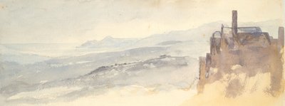風景: 崖の上の家 (水彩画、グラファイト、織り紙) 作： Barbara Leigh Smith Bodichon