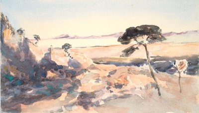 風景：ピンク色の山の木（水彩画、グラファイト、織り紙） 作： Barbara Leigh Smith Bodichon