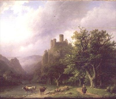 廃墟となった城のある川の風景 作： Barend Cornelis Koekkoek