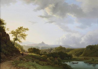 旅人と城跡が遠くに見える夏のパノラマ風景 作： バーエンド・コルネリス・コエコエク