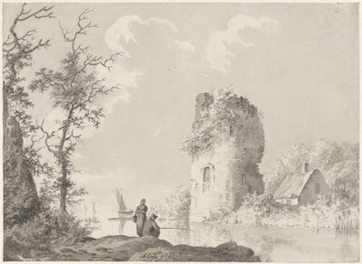塔と釣り人のいる川の風景 作： Barend Cornelis Koekkoek