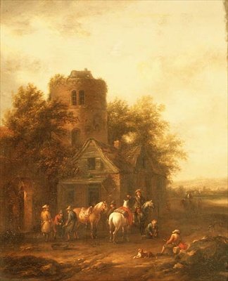 酒場の外で馬に水をやる騎手たち 作： Barend Gael or Gaal
