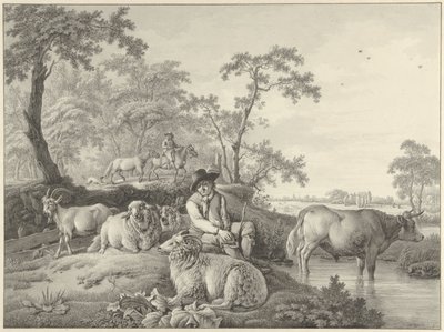 風景の中の羊、ヤギ、若い雄牛と一緒に羊飼い 作： Barend Hendrik Thier