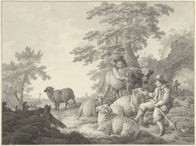 風景の中の羊と若い雄牛を持つ少年と羊飼い 作： Barend Hendrik Thier