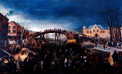 スケートをする人と遊ぶ人のいる冬の風景」1640-50年頃（パネルに油彩） 作： Barent (follower of) Avercamp