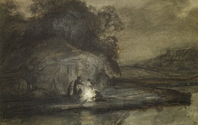 川と羊飼いのいる夜行性の風景（紙にボディカラーを付けたペンとインクで洗います） 作： Barent Fabritius