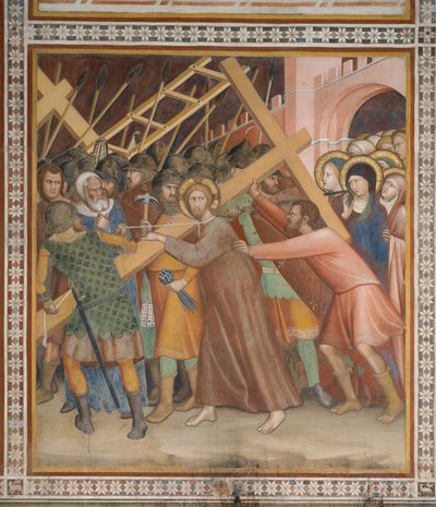 新約聖書の一場面：十字架を運ぶ（フレスコ画） 作： Barna da Siena