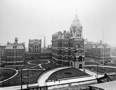 Cook County Hospital, c.1900, 米国イリノイ州シカゴ, c.1900 (白黒写真) 作： Barnes and Crosby