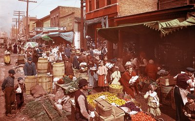 マックスウェル・ストリート・マーケット、シカゴ、イリノイ州、米国、1905年頃（写真 作： Barnes and Crosby