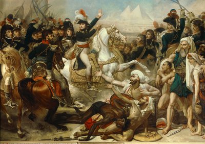 エジプトのキャンペーン（遠征）（1798〜1801年）。ピラミッドの戦いの前に軍を鼓舞するナポレオン・ボナパルト（7月21日 作： Baron Antoine Jean Gros