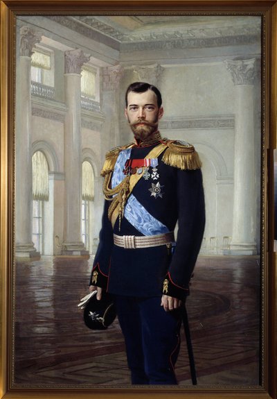 1900 年 (1868-1918) のロシア皇帝ニコライ 2 世の肖像画。Ernest Karlovich Liphart (1847-1932) による絵画。国立野外博物館ツァールスコエ セロー、サンクトペテルブルク。 作： Baron Ernest Friedrich von Liphart