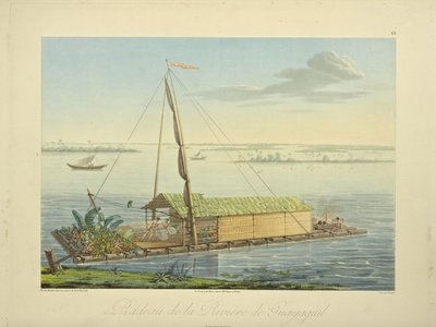 マルケスが描いたグアヤキル川でのいかだ、ブーケの彫刻 作： Baron Friedrich Alexander von Humboldt
