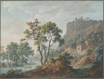 城と漁師のいる川の風景 作： Baron Louis Albert Guillain Bacler d
