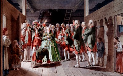 ロシアの皇女エリザベート・イーレ・ペトロヴナ（1709-1762）の祝宴の日と将来の皇位継承の日に、兵士たちが彼女の忠誠を誓うクロードの版画（19世紀）1883年 サンクトペテルブルクのエルミタージュ美術館 作： Baron Mikhail Petrovich Klodt von Jurgensburg