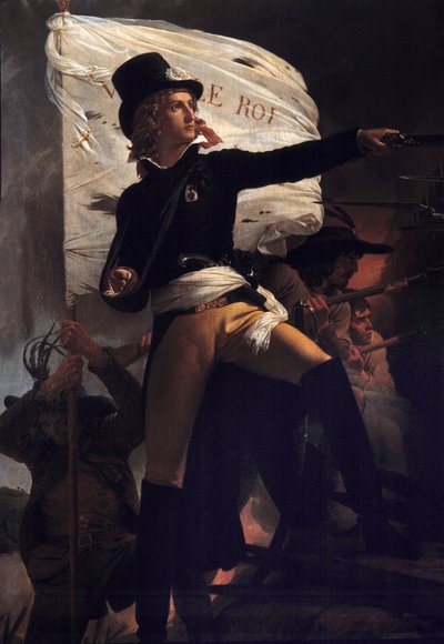 Portrait en pied de Henri Duverger, Comte de La Rochejaquelein (or Orchard de La Rochejacquelein) (1772-1794) general sold with the flag live le roi" (on chest the insignia of the Vendees)" (Wars of Vendee) Pierre Narcisse (Pierre-Narcisse)の絵画 G 作： Baron Pierre Narcisse Guerin