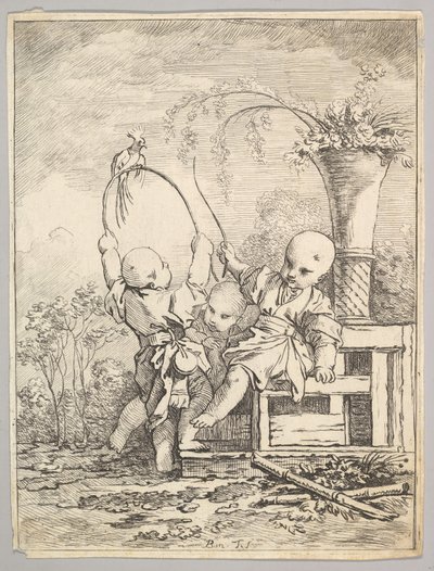 オウムと遊ぶ中国の子供たち、1760-70。 作： Baron de Thiers Louis Antoine Crozat