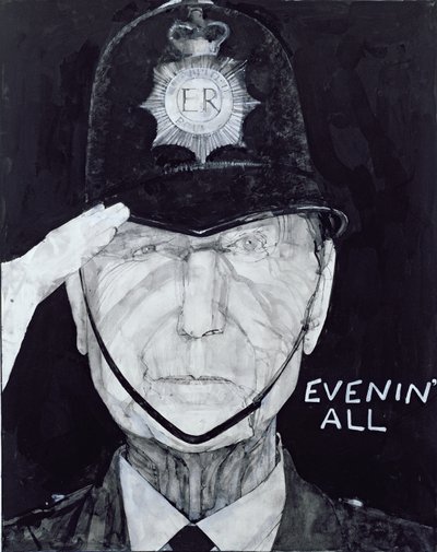 Dixon of Dock Greenとしてのジャックワーナーの肖像画、The Listenerのイラスト、1970年代（ガッシュ、船上） 作： Barry Fantoni