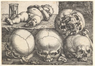16世紀半ばの4つの頭蓋骨と死んだ子供。 作： Barthel Beham