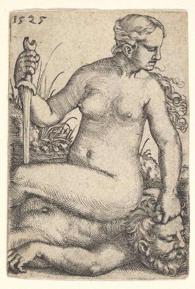 ジュディス、右に目を向けて、ホロフェルネスの死体の上に座ったヌードを、sw ...、1525で。 作： Barthel Beham