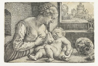 胸と頭蓋骨に子供を持つメアリー 作： Barthel Beham