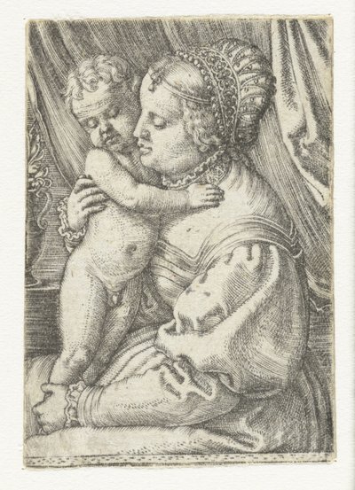 膝の上に立っている子供と一緒に座っているメアリー 作： Barthel Beham