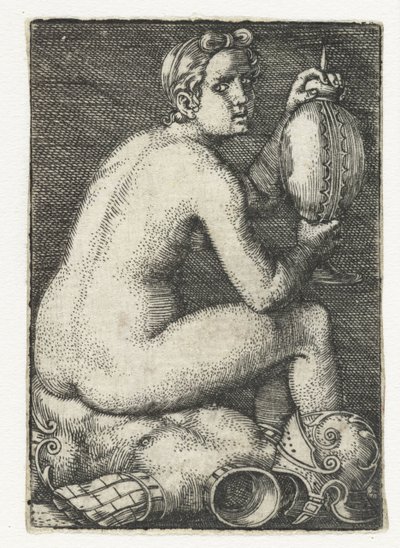 鎧に座っている裸の女性 作： Barthel Beham