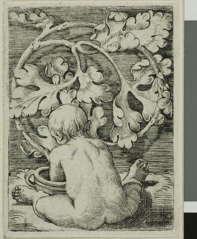 船の前に座って後ろから見た裸の子供 作： Barthel Beham