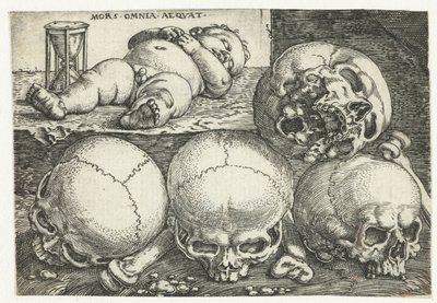 砂時計と 4 つの頭蓋骨で眠っている子供 Mors Omnia Aequat (オブジェクトのタイトル) 作： Barthel Beham