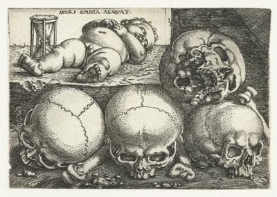 砂時計と 4 つの頭蓋骨で眠っている子供 Mors Omnia Aequat (オブジェクトのタイトル) 作： Barthel Beham