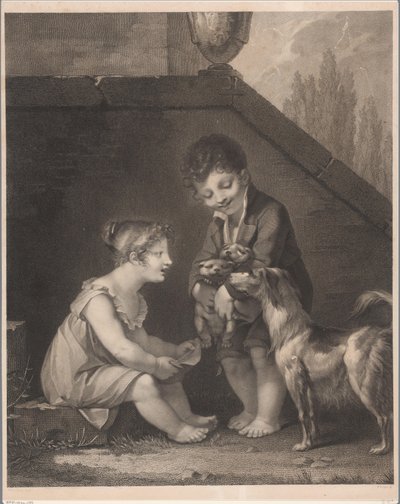犬と一緒にいる 2 人の子供 Oh, les jolis petits chiens 作： Barthélémy Joseph Fulcran Roger