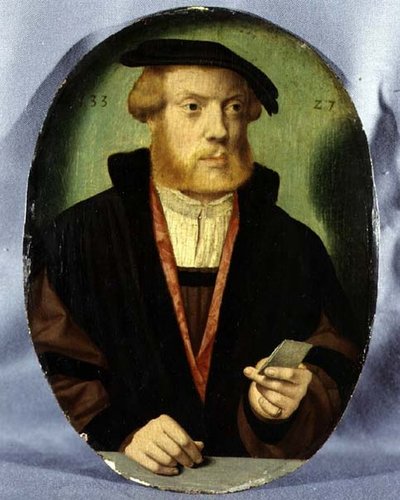 裏地に毛皮のついたケープを着た青年の肖像 作： Bartholomaeus the Elder Bruyn