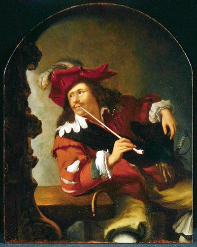 鏡を見ながらパイプを吸うテーブルに座る青年（油彩・パネル） 作： Bartholomaus Maton