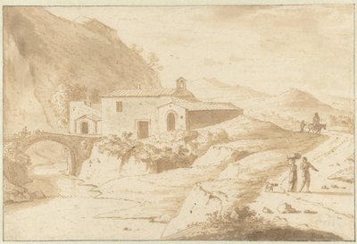 橋のそばの礼拝堂のある丘陵風景 作： Bartholomeus Appelman