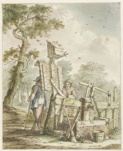 給水ポンプの近くの看板に 2 人の男性がいる風景 作： Bartholomeus Barbiers