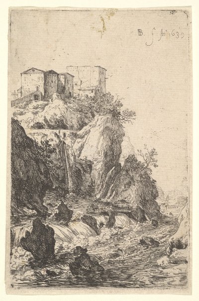 ポンテデッラトラベ近くのカスケード、1639年シリーズの岩の露頭に建物があります。 作： Bartholomeus Breenbergh