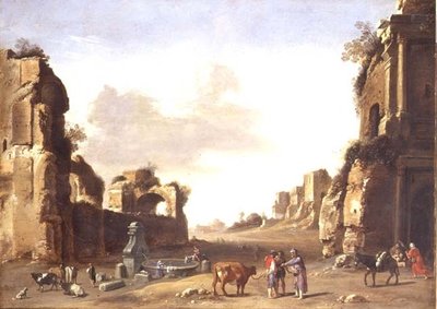 古典的な遺跡と動物に水をやる農民たち 作： Bartholomeus Breenbergh