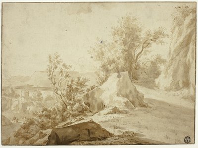 岩と山道、人影と下の町 作： Bartholomeus Breenbergh